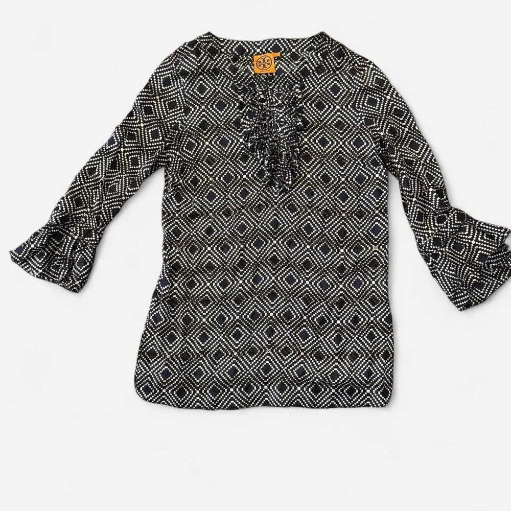 Tory Burch Navy Diamond Print Silk Ruffle Tunic Blouse Bell‎ Sleeve Size 4